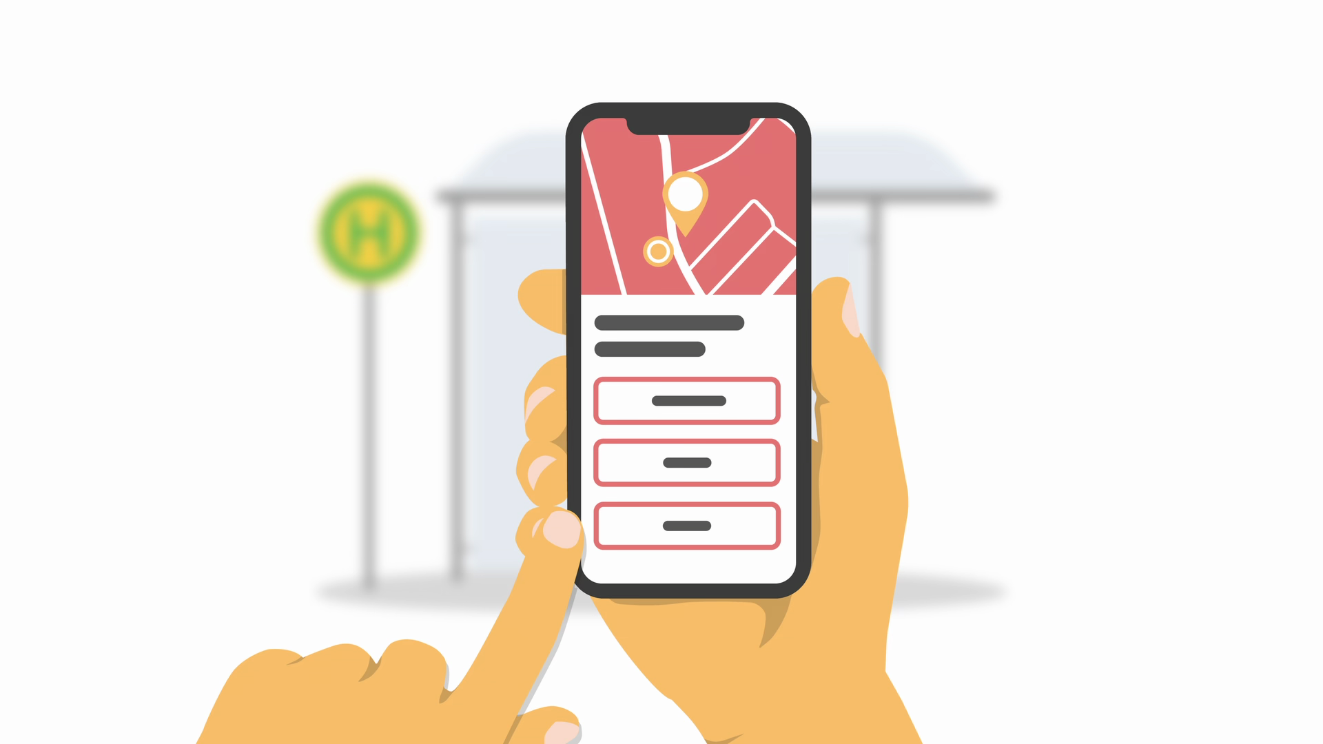 Illustration der Erfassungs-App OpenStop. Im Hintergrund eine unscharf dargestellte Haltestelle.